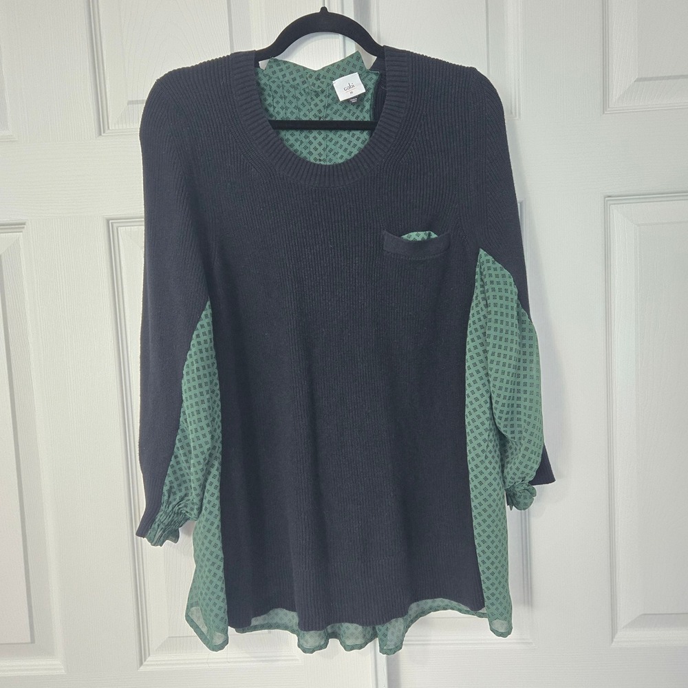 Cabi Get Together Top 3520 Blue Green Mixed Media Layered Look Womens Size M